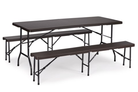 Zestaw cateringowy stół bankietowy 180 cm 2 ławki ratan brąz ModernHome Zestaw cateringowy stół bankietowy 180 cm 2 ławki ratan brąz ModernHome