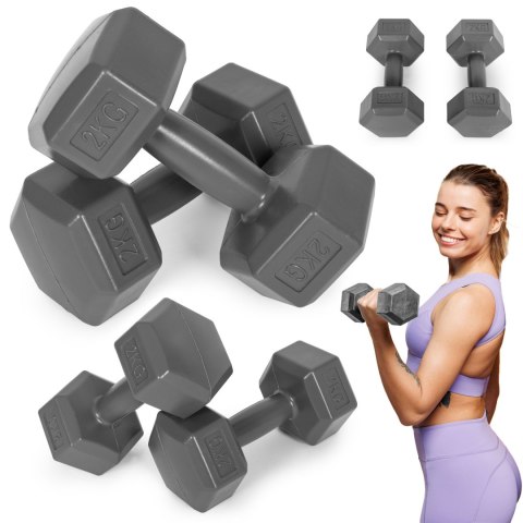 Hantle sześciokątne zestaw 2x2 kg ciężarki do ćwiczeń obciążniki fitness szare ModernHome Hantle sześciokątne zestaw 2x2 kg ciężarki do ćwiczeń obciążniki fitness szare ModernHome