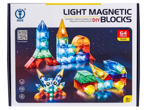 Klocki Magnetyczne, Konstrukcyjne, Świecące Elementy, Figury 3D 64 El. Klocki Magnetyczne, Konstrukcyjne, Świecące Elementy, Figury 3D 64 El.